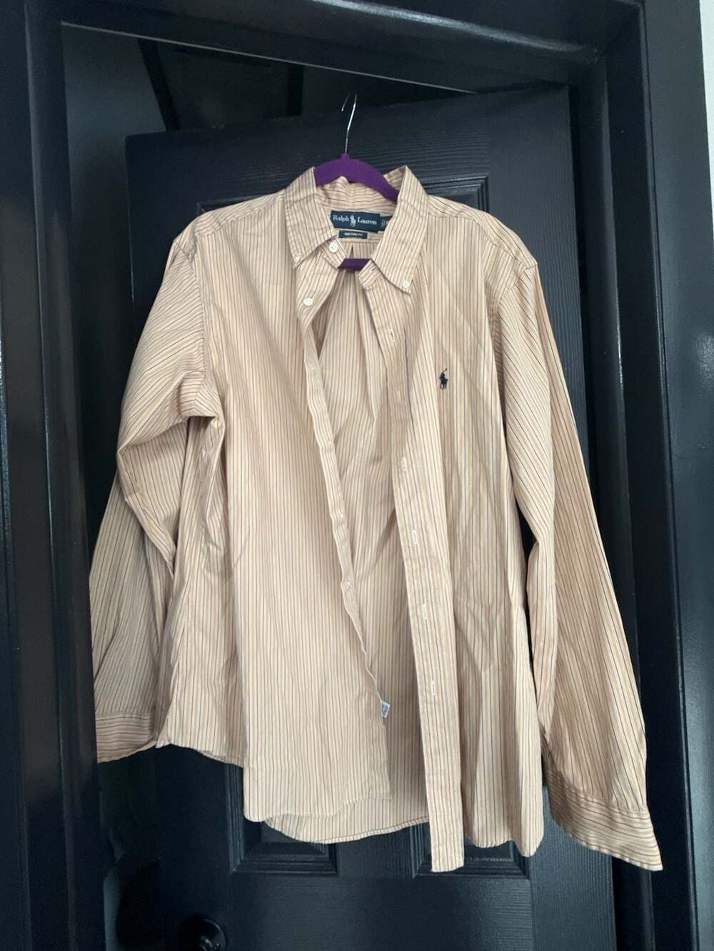 Ralph Lauren Men's Custom Fit Long Sleeve Button-Down Shirt in Beige with Navy S
